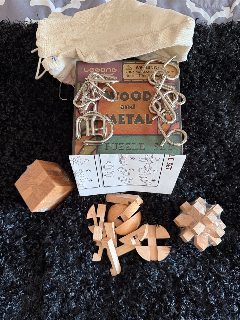 Wood and Metal Puzzle Set - Natural Wood and Silver - Classic Brain Teasers